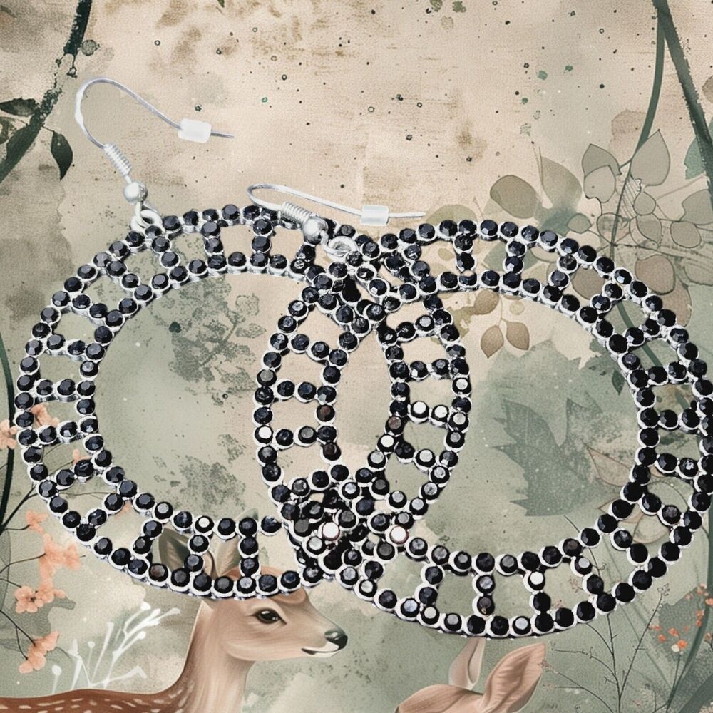 Black Rhinestone Dangle Fashion Earrings Pierced Classic Wheel Geometric Retro - Picture 11 of 12